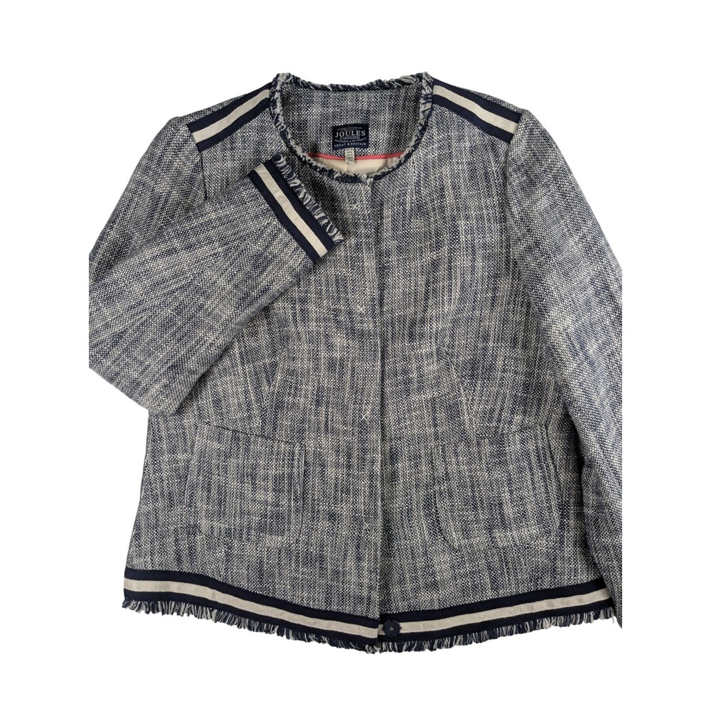 Joules Tweed Blazer Blue White Fringe Trim Striped UK 10 US 6 Jacket